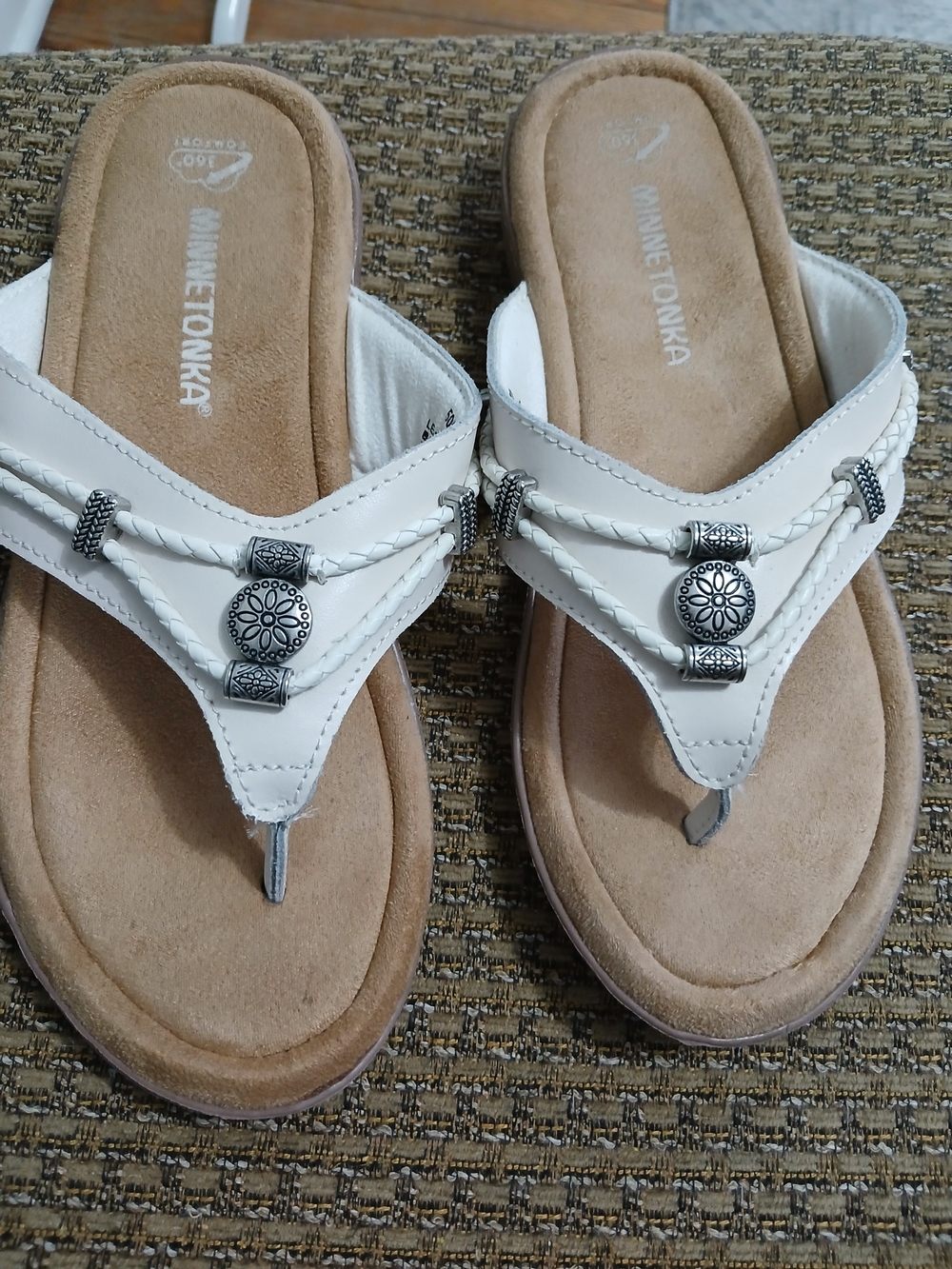 Minnetonka White Braided Thong Sandals